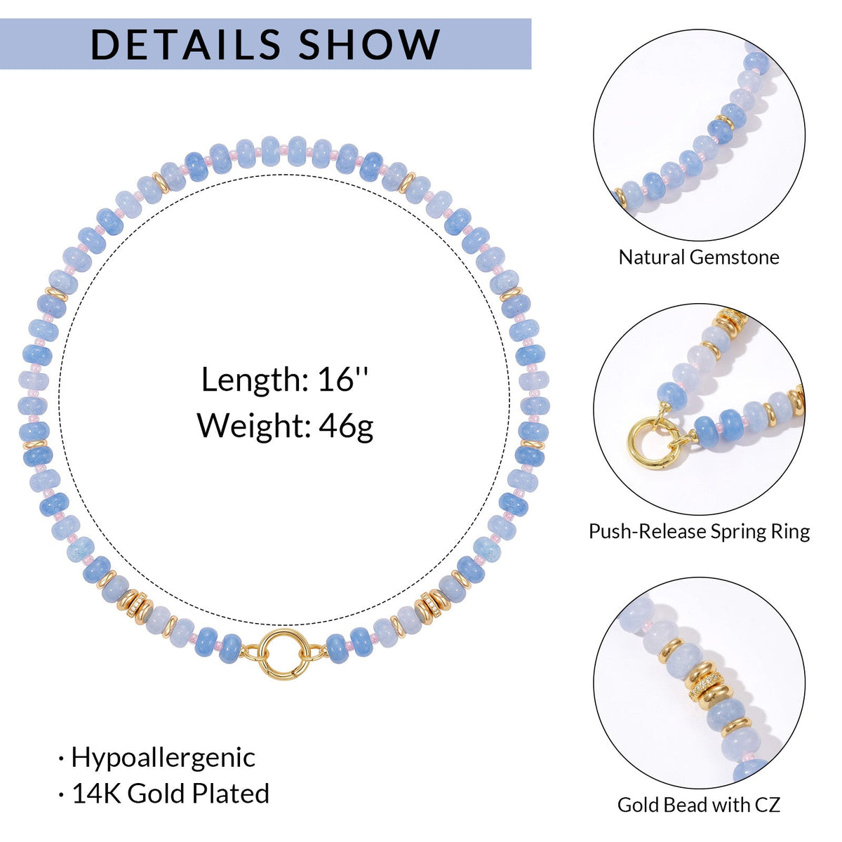 Natural Stone Beaded Choker Necklace with Gold-Plated Spring Ring Clasp