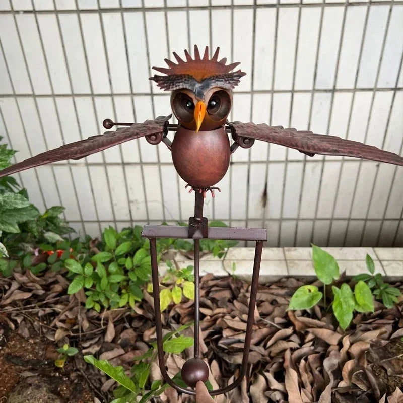 Wind-Activated Metal Bird Garden Sculpture with Moving Wings and Ground Stake