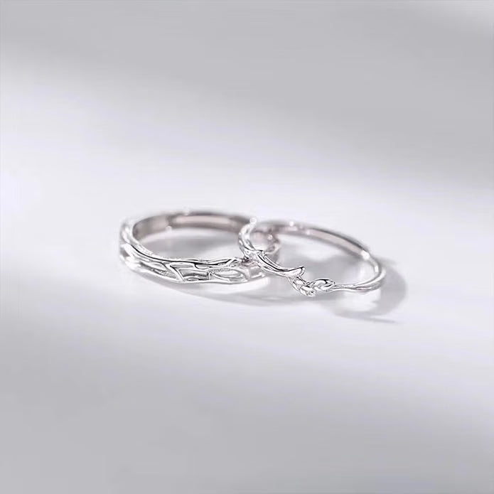Silver Plated Matching Couple Rings with Branch Pattern and Adjustable Band