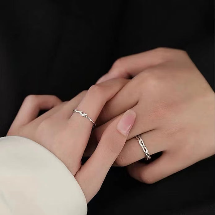 Silver Plated Matching Couple Rings with Branch Pattern and Adjustable Band