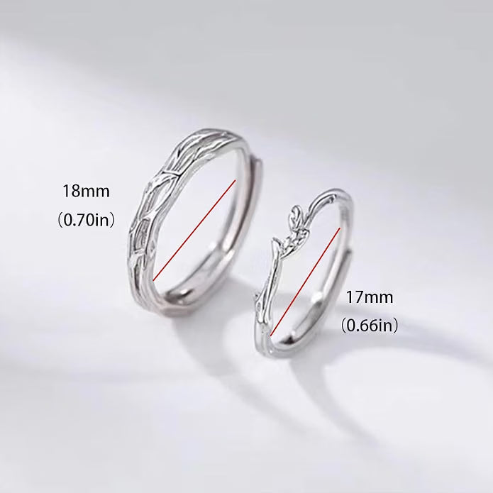 Silver Plated Matching Couple Rings with Branch Pattern and Adjustable Band