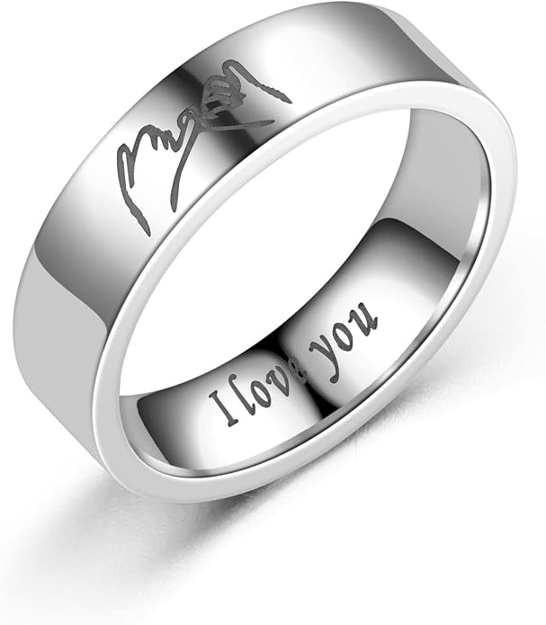 Stainless Steel Couple Rings with Hand in Hand Design and Engraved Text
