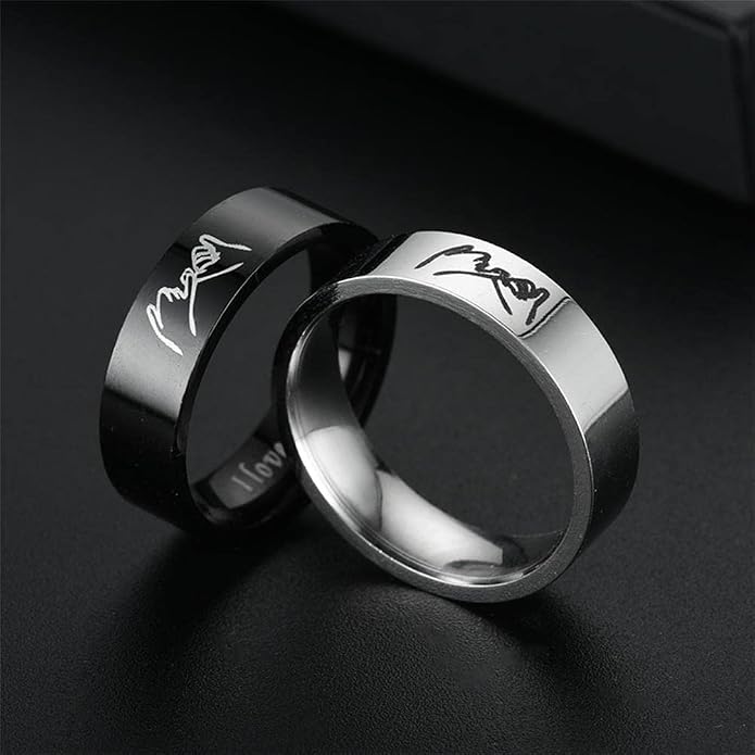 Stainless Steel Couple Rings with Hand in Hand Design and Engraved Text