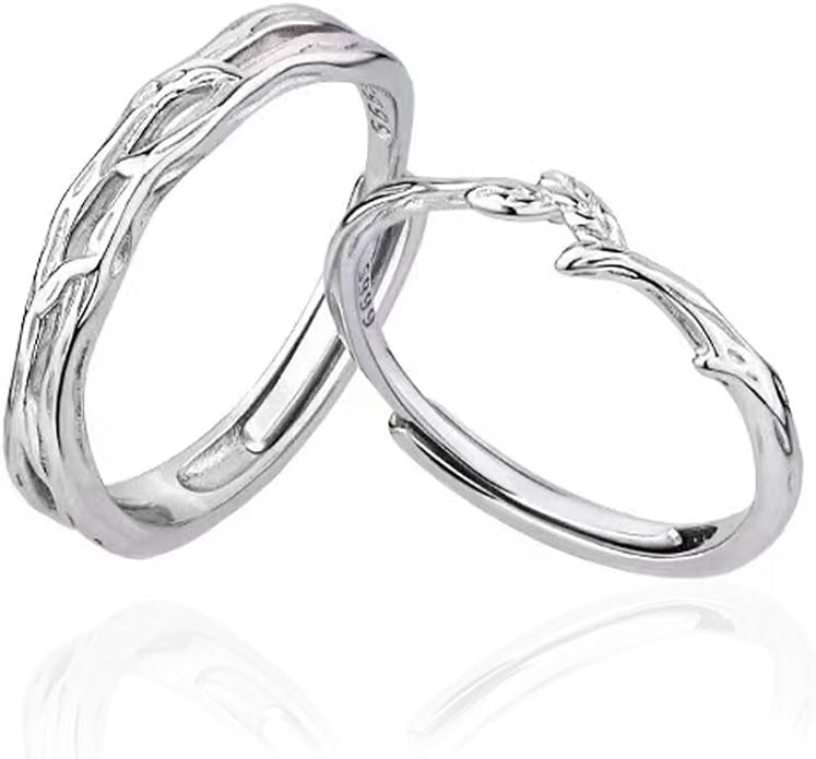 Silver Plated Matching Couple Rings with Branch Pattern and Adjustable Band