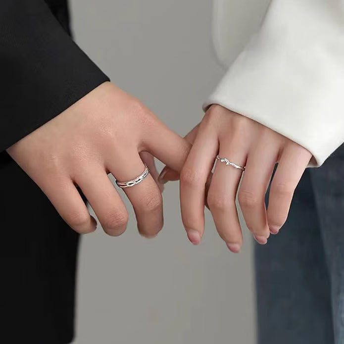 Silver Plated Matching Couple Rings with Branch Pattern and Adjustable Band