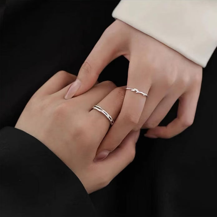 Silver Plated Matching Couple Rings with Branch Pattern and Adjustable Band