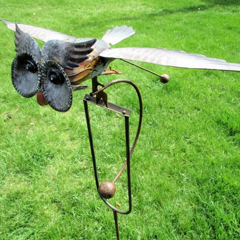 Wind-Activated Metal Bird Garden Sculpture with Moving Wings and Ground Stake