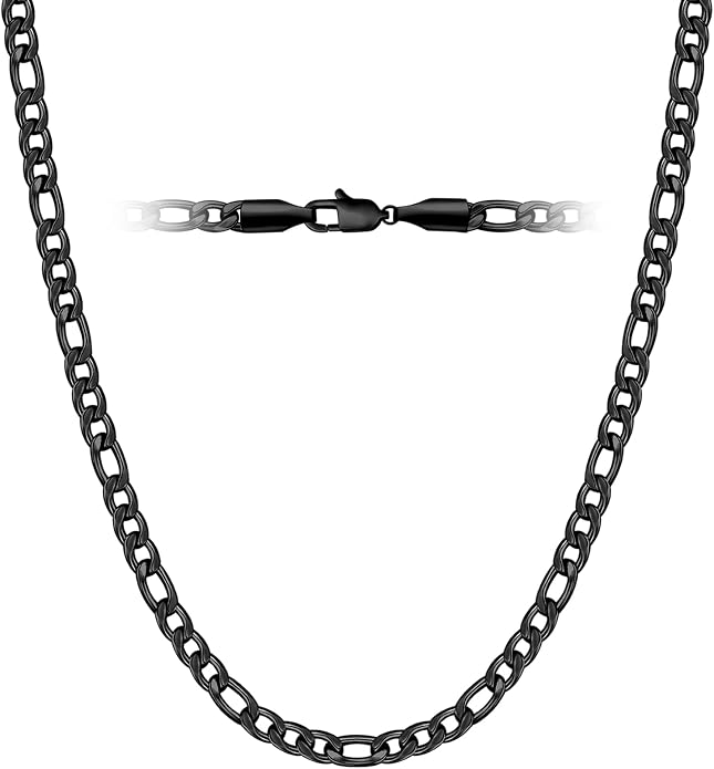 Black Stainless Steel Chain Necklace with 3 to 1 Link Pattern for Men, 16 Inch
