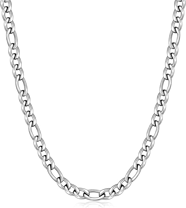 Stainless Steel Figaro Chain Necklace with 5mm Width and Polished Silver Finish, 20 Inch