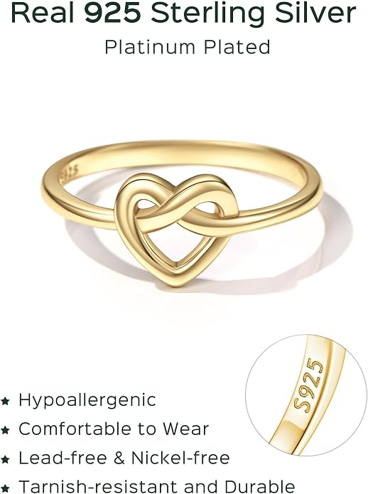 Sterling Silver Heart Ring with Gold Plating and Polished Finish, Sizes 4-12