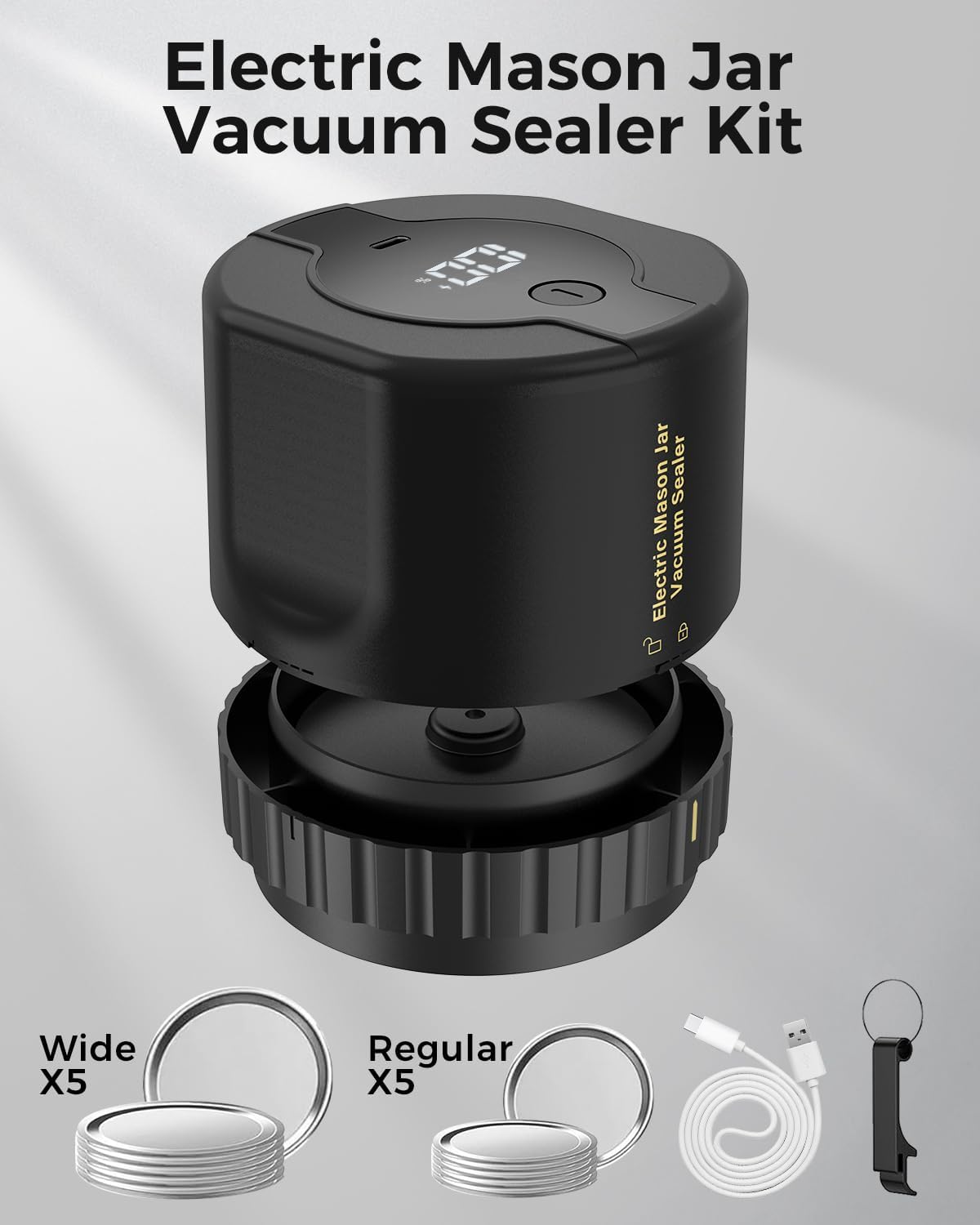 Electric Vacuum Sealer for Glass Jars with Dual Lid Sets and Quiet Operation