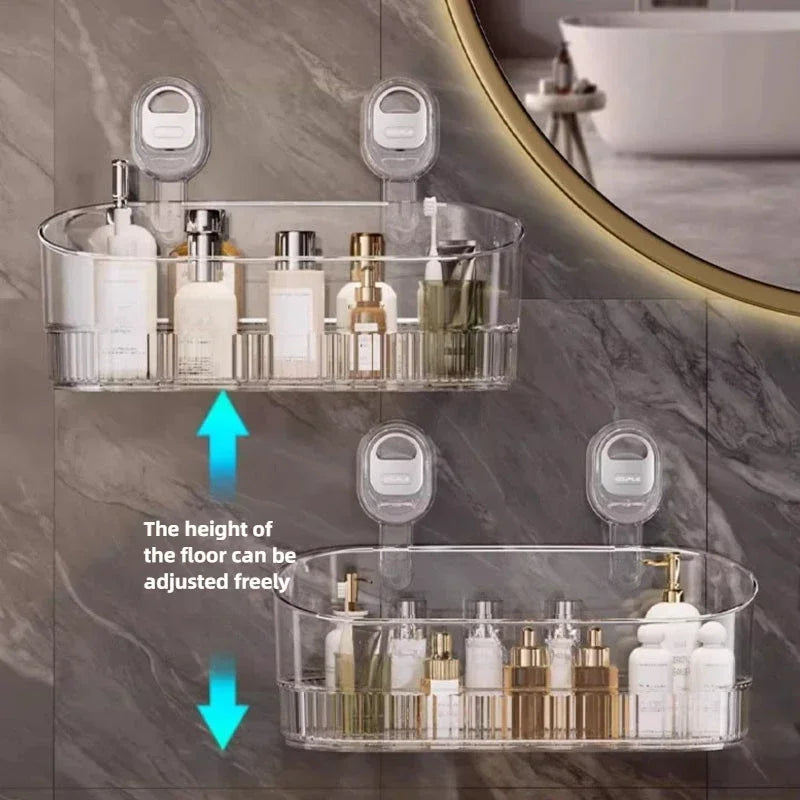 Vacuum Suction Bathroom Storage Rack with Clear PET Basket and Wall Mount