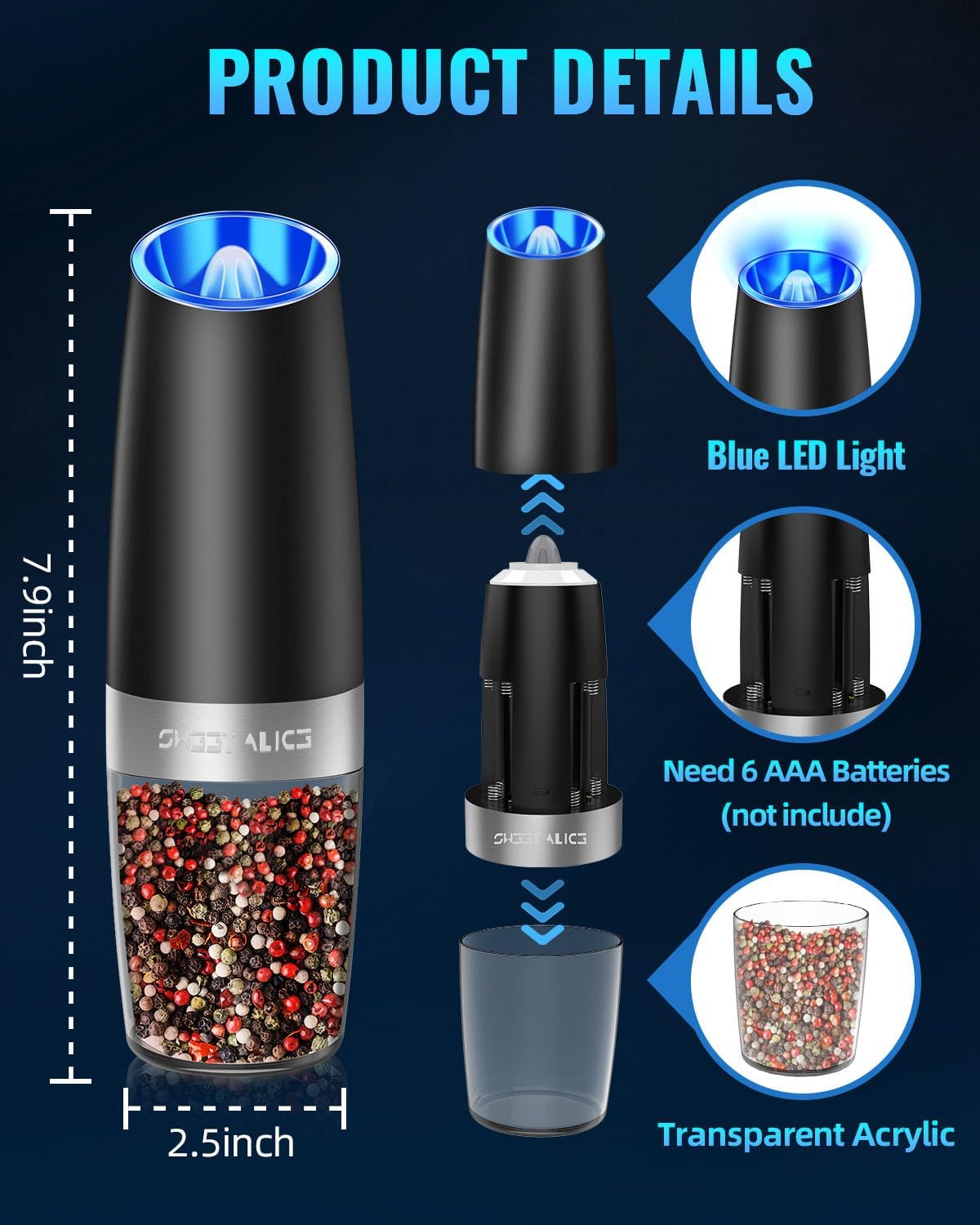 Automatic Salt and Pepper Grinder with Gravity Sensor and LED Light