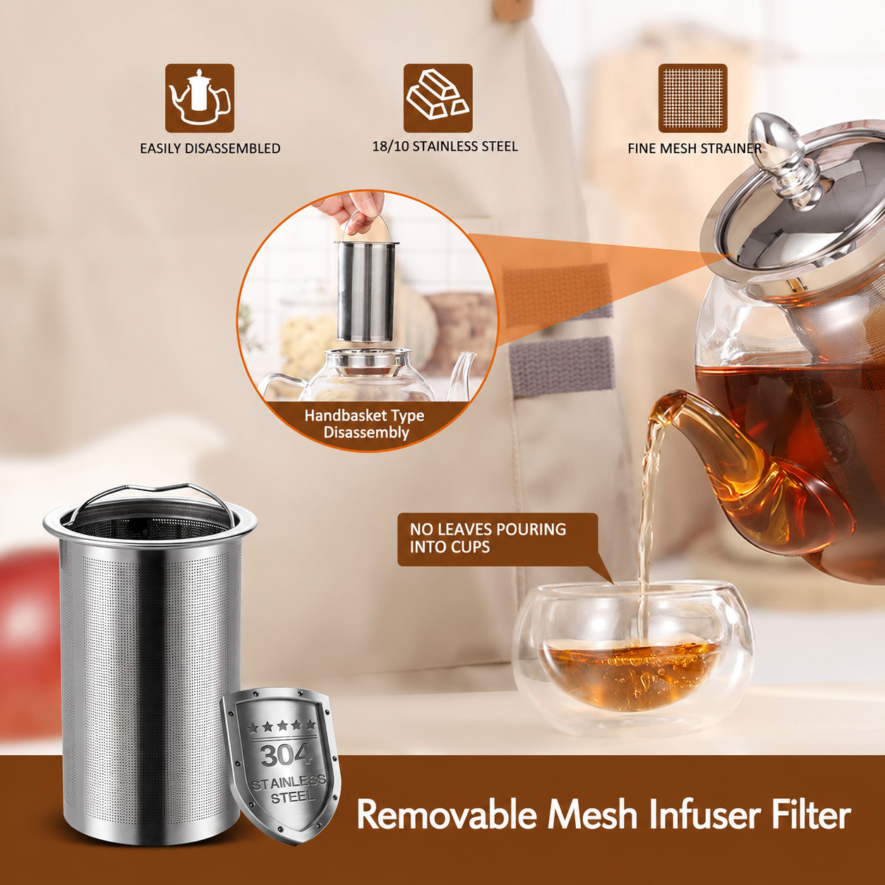 Glass Teapot with Removable Mesh Infuser and Non-Drip Spout, 1000ml