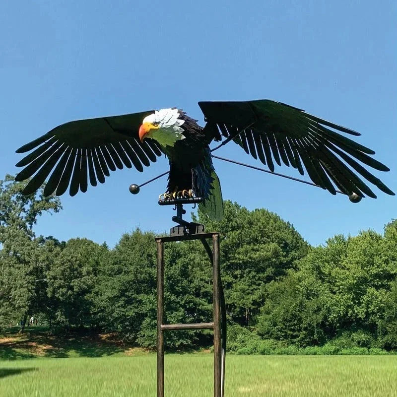 Wind-Activated Metal Bird Garden Sculpture with Moving Wings and Ground Stake