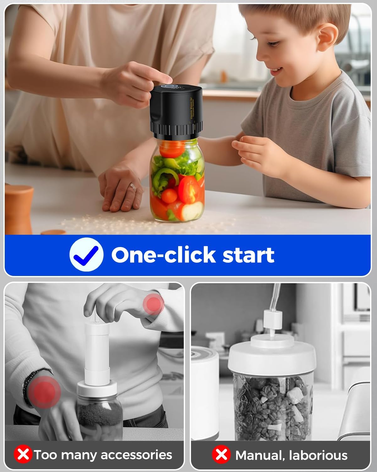 Electric Vacuum Sealer for Glass Jars with Dual Lid Sets and Quiet Operation
