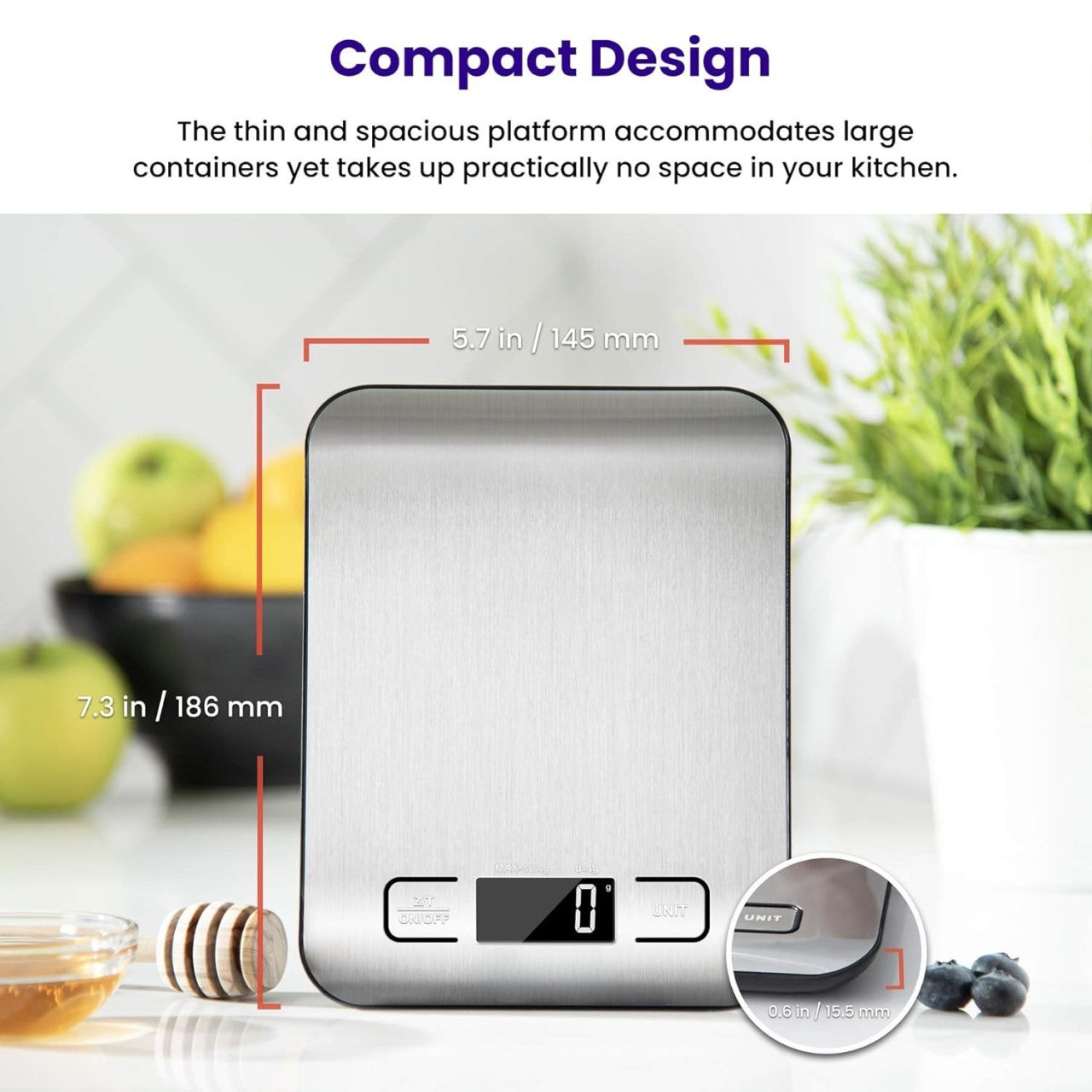 Kitchen Scale with Backlit Display and Multiple Unit Conversion, Stainless Steel