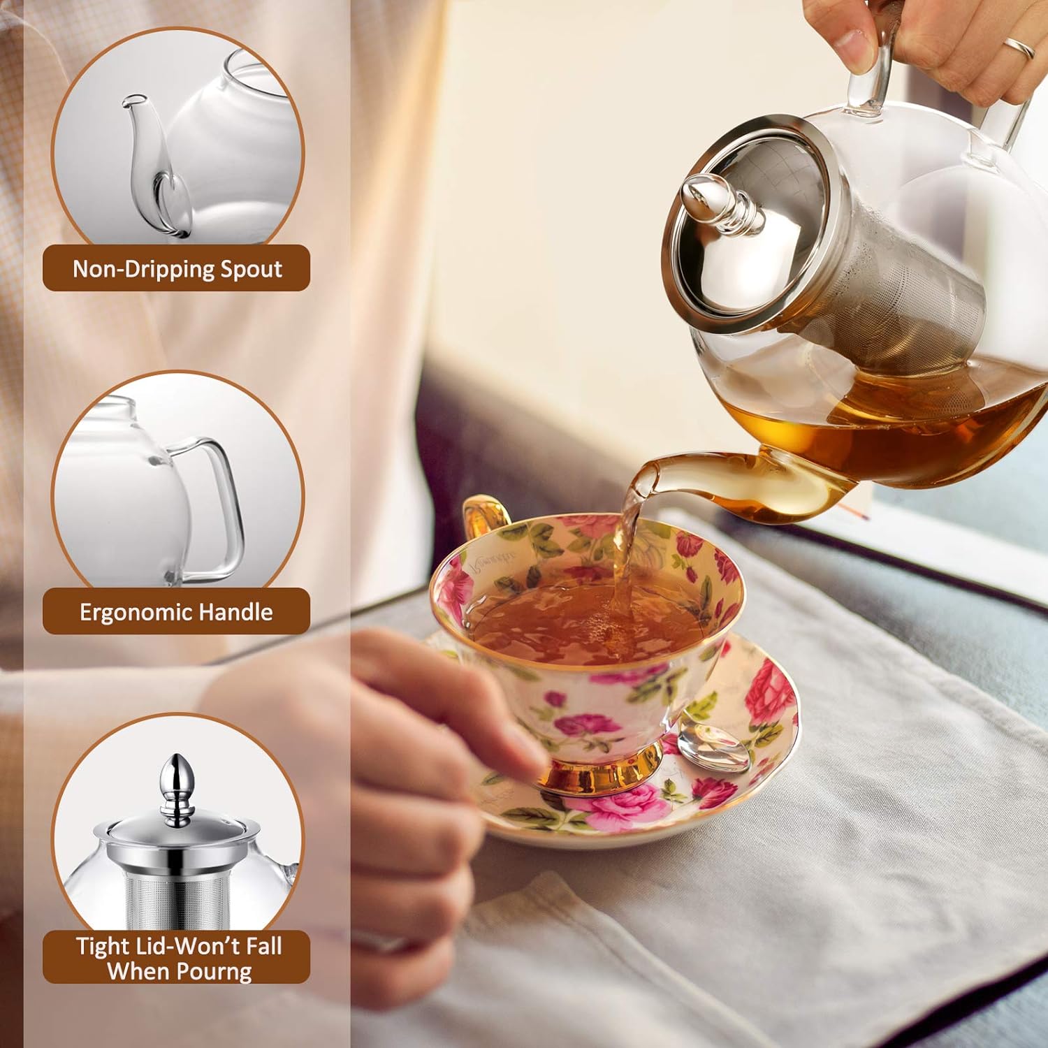 Glass Teapot with Removable Mesh Infuser and Non-Drip Spout, 1000ml