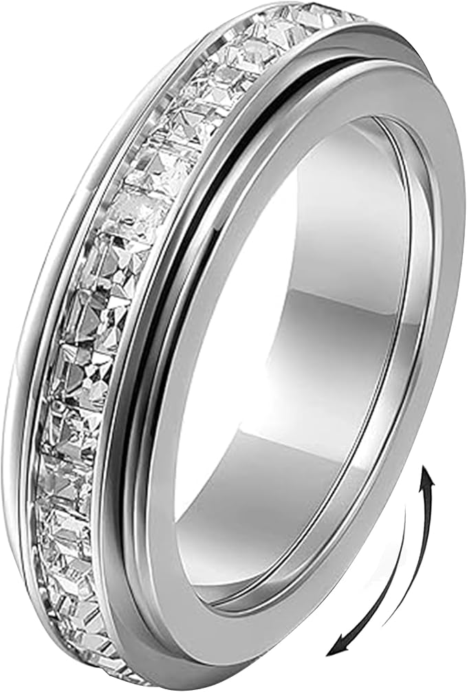 Titanium Steel Spinner Ring with Cubic Zirconia and Rotating Band, Comfort Fit
