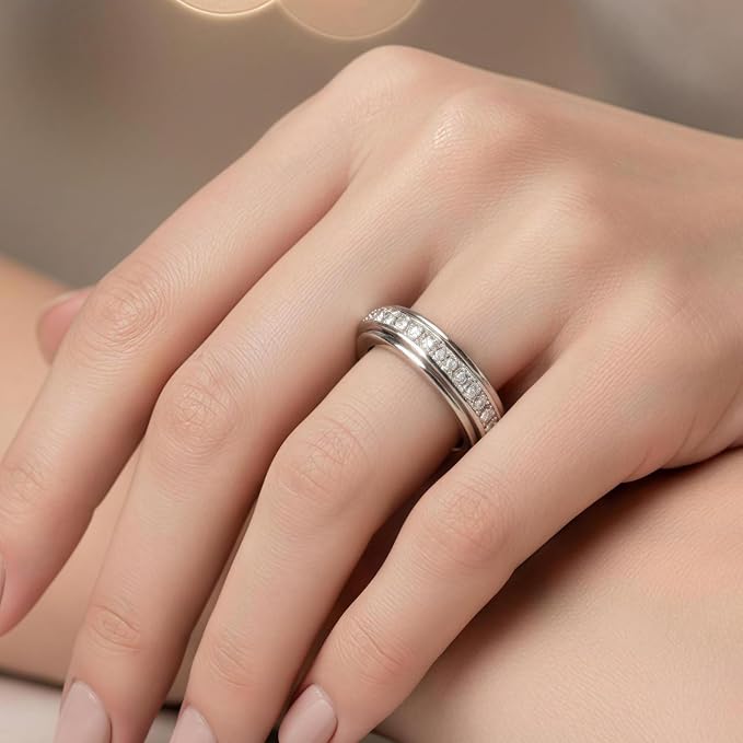 Titanium Steel Spinner Ring with Cubic Zirconia and Rotating Band, Comfort Fit