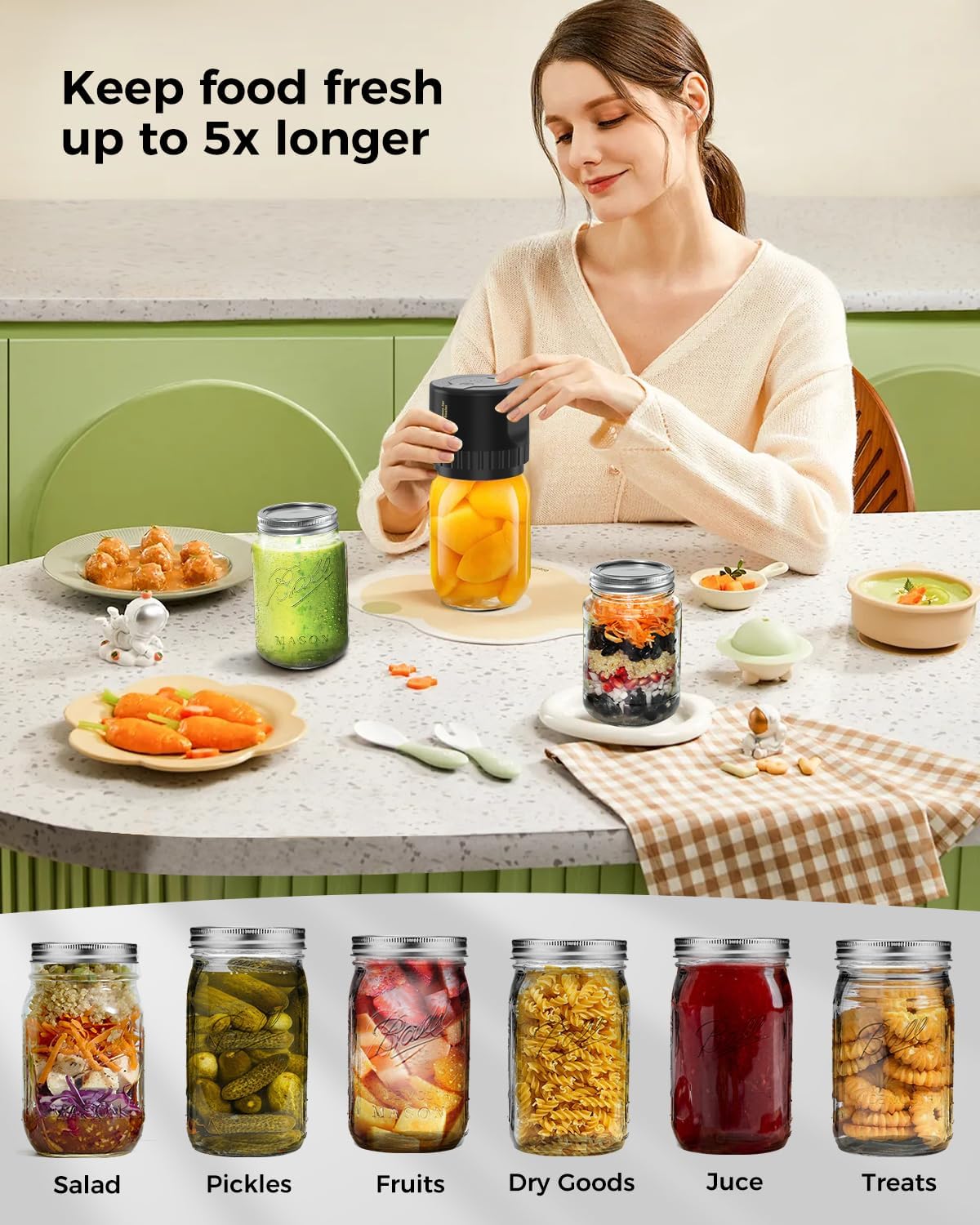 Electric Vacuum Sealer for Glass Jars with Dual Lid Sets and Quiet Operation