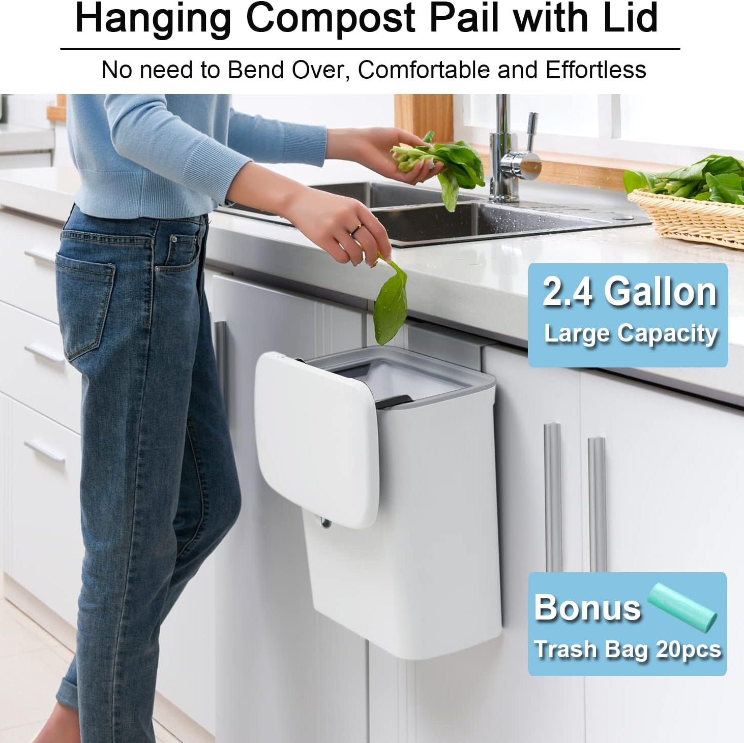 Under-Sink Compost Bin with Rolling Lid and Over-Door Hook, 2.4 Gallon