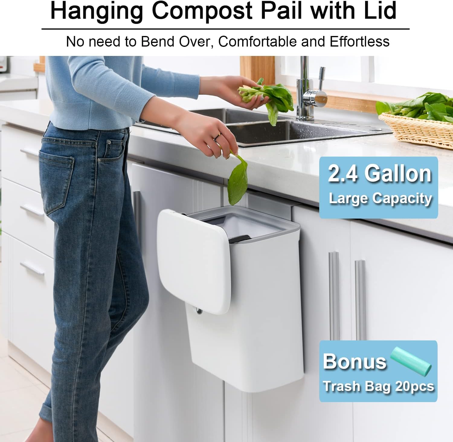 Under-Sink Compost Bin with Rolling Lid and Over-Door Hook, 2.4 Gallon