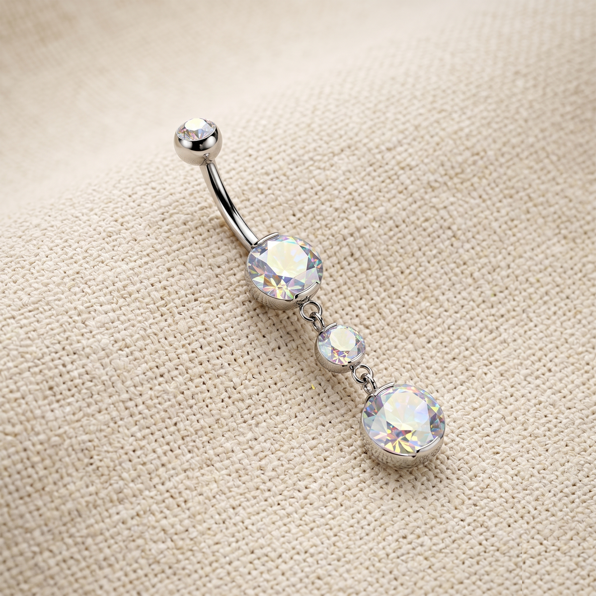 Curved Titanium Belly Ring with Three Graduated Dangle Stones, 14G