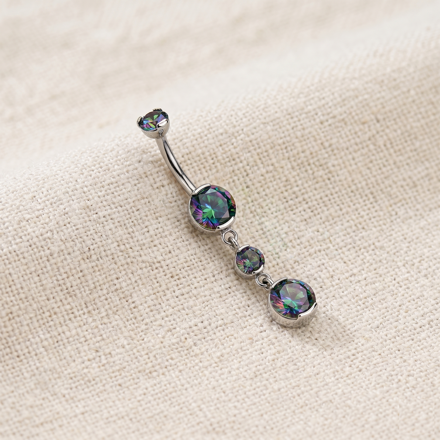 Curved Titanium Belly Ring with Three Graduated Dangle Stones, 14G