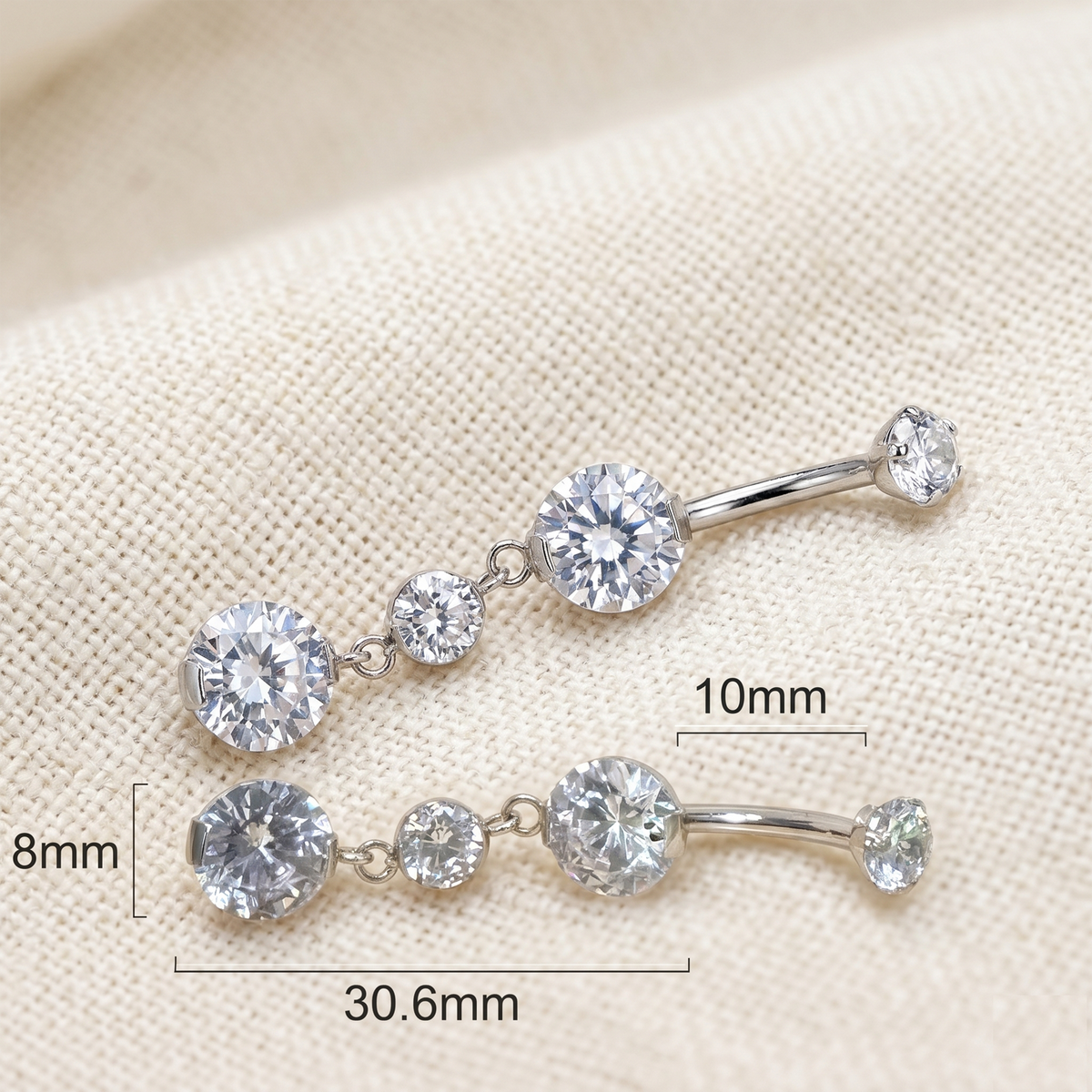 Curved Titanium Belly Ring with Three Graduated Dangle Stones, 14G