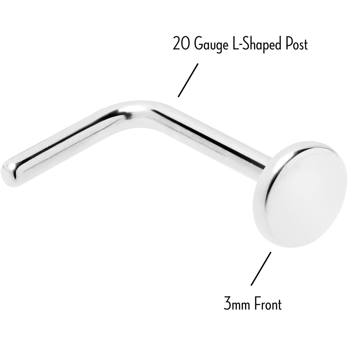 L-Shaped Titanium Nose Ring 20G with 3mm Flat Disc End, 6mm Post