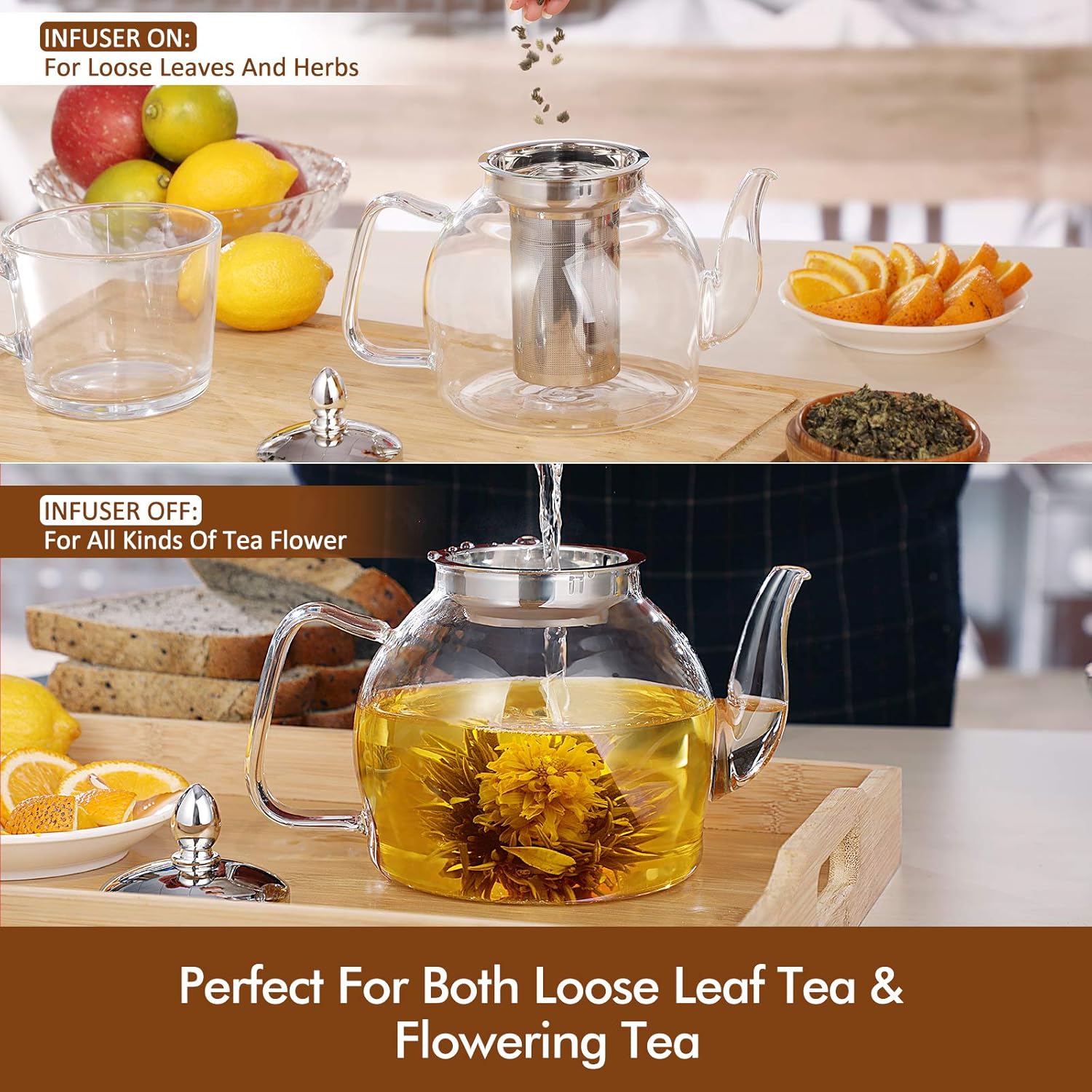 Glass Teapot with Removable Mesh Infuser and Non-Drip Spout, 1000ml
