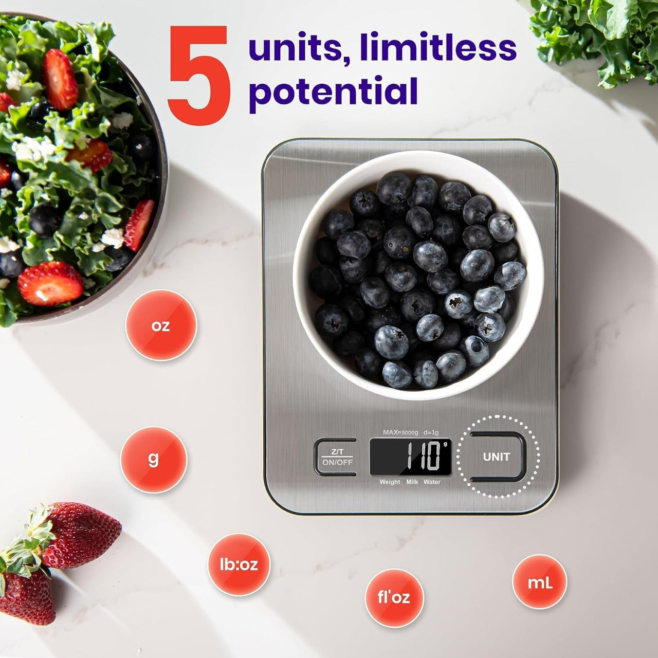 Kitchen Scale with Backlit Display and Multiple Unit Conversion, Stainless Steel