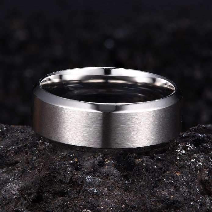 8mm Stainless Steel Band Ring with Matte Finish and Beveled Edges, Sizes 6-14