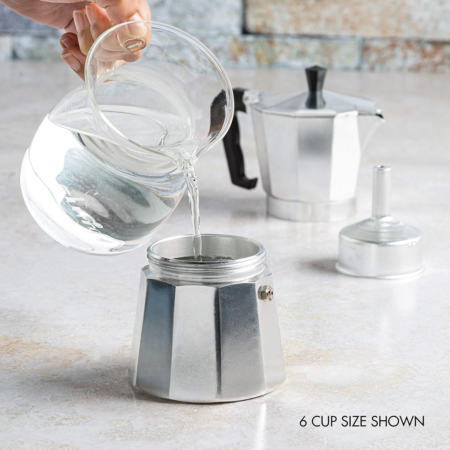 Stovetop Espresso Maker with Cast Aluminum Body and Heat-Resistant Handle, up to 6-Cup Capacity
