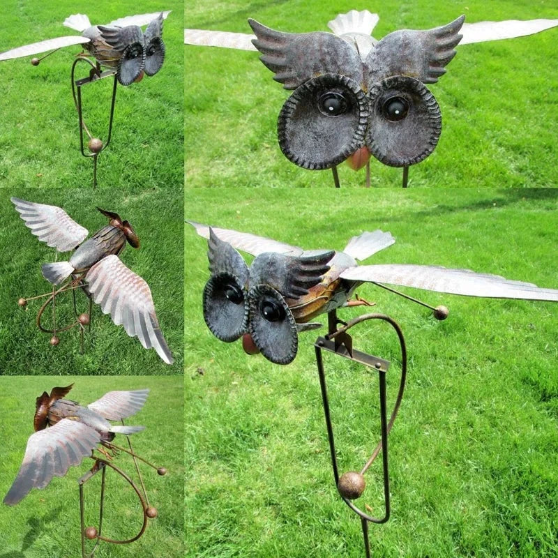 Wind-Activated Metal Bird Garden Sculpture with Moving Wings and Ground Stake