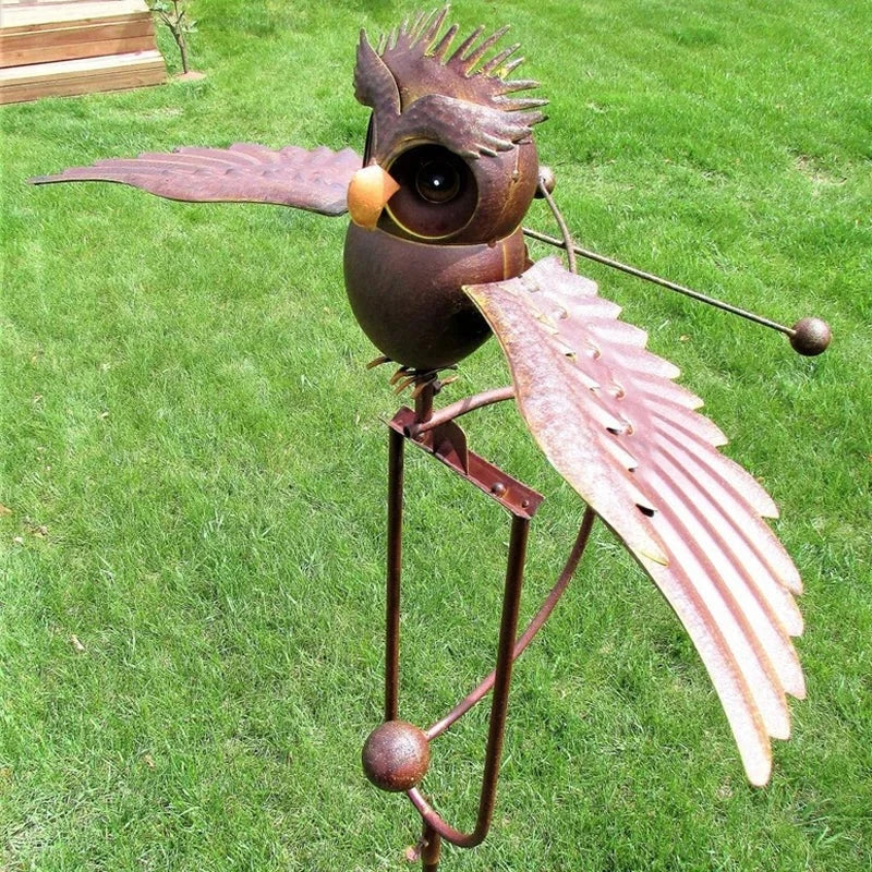 Wind-Activated Metal Bird Garden Sculpture with Moving Wings and Ground Stake