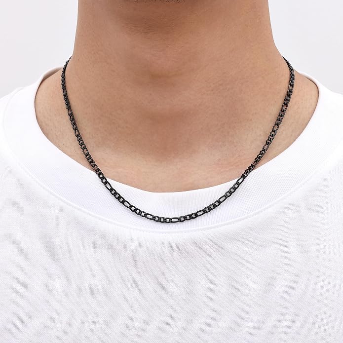 Black Stainless Steel Chain Necklace with 3 to 1 Link Pattern for Men, 16 Inch