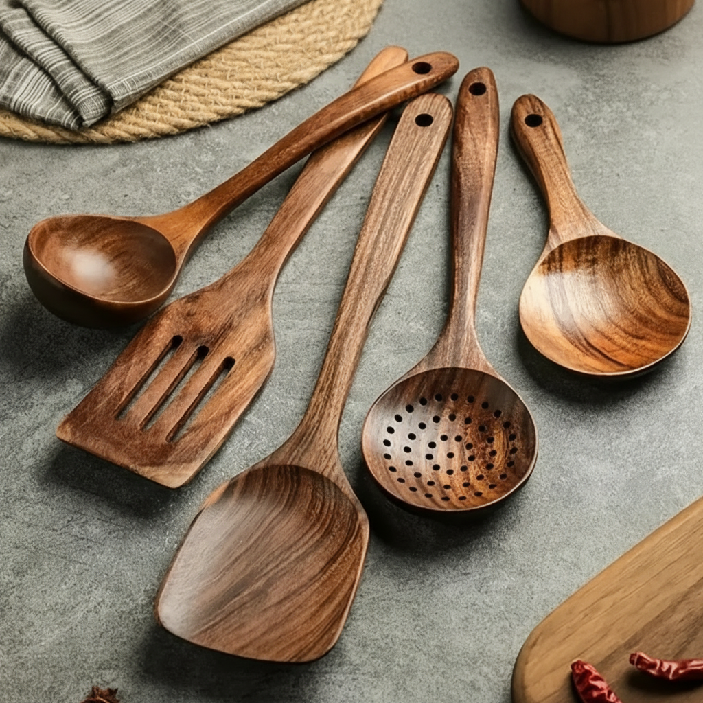Teak Wood Kitchen Utensil Set with Heat-Resistant Construction and Non-Stick Safe Design