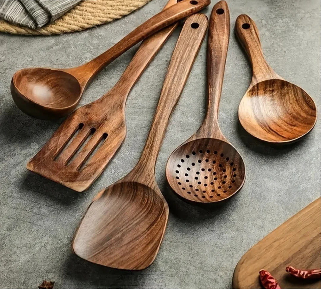 Teak Wood Kitchen Utensil Set with Heat-Resistant Construction and Non-Stick Safe Design
