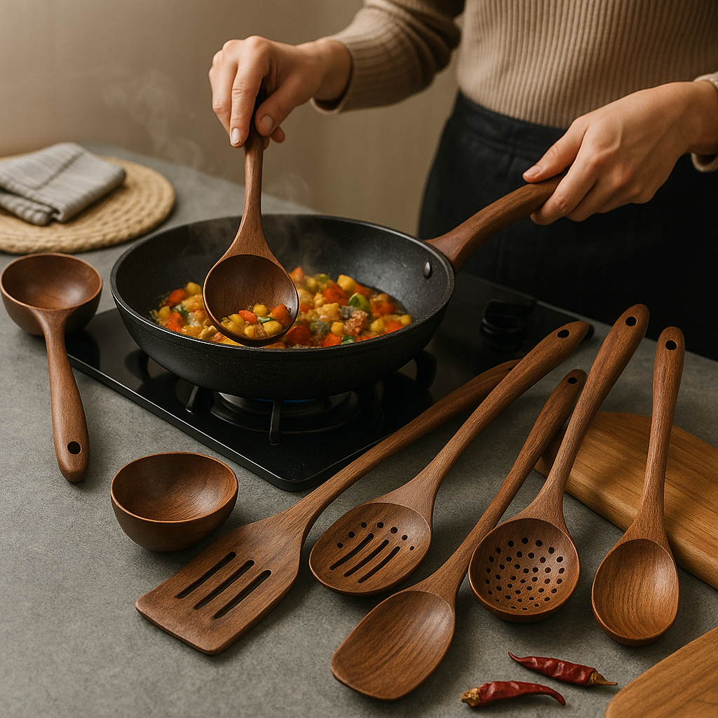 Teak Wood Kitchen Utensil Set with Heat-Resistant Construction and Non-Stick Safe Design