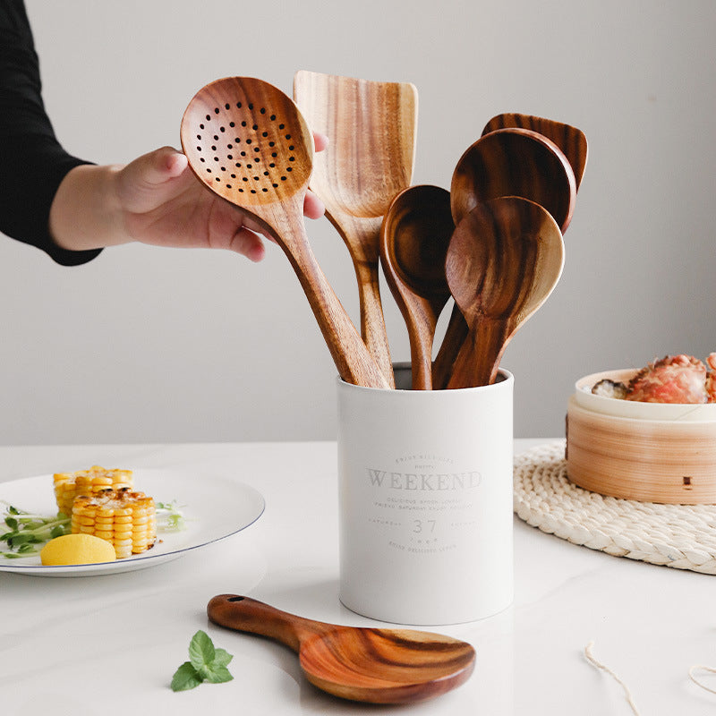 Teak Wood Kitchen Utensil Set with Heat-Resistant Construction and Non-Stick Safe Design