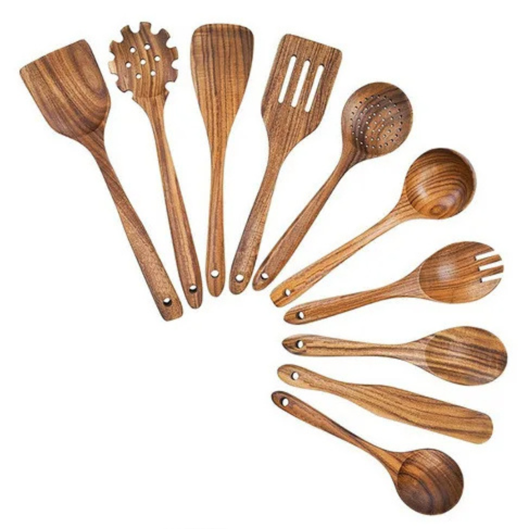 Teak Wood Kitchen Utensil Set with Heat-Resistant Construction and Non-Stick Safe Design