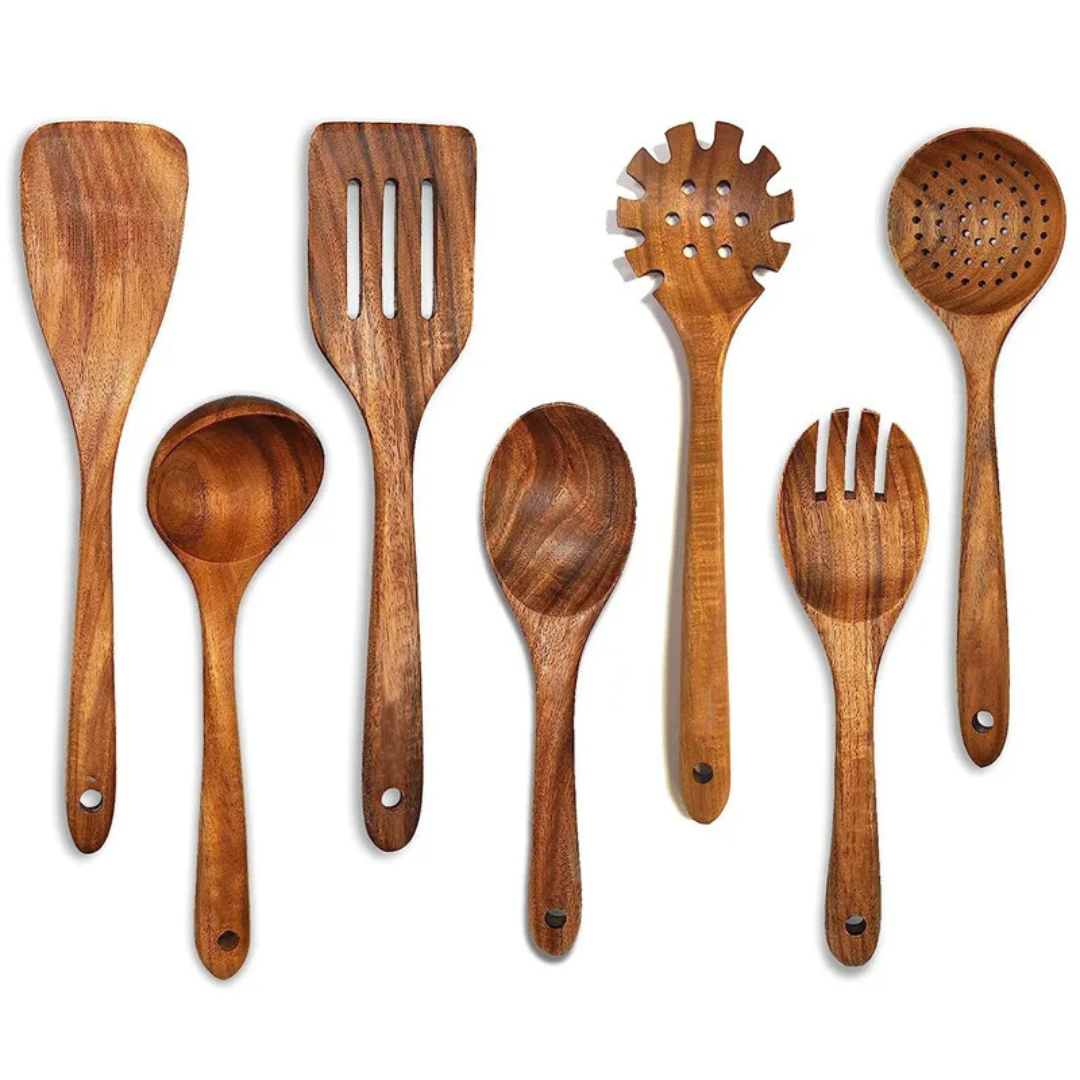 Teak Wood Kitchen Utensil Set with Heat-Resistant Construction and Non-Stick Safe Design