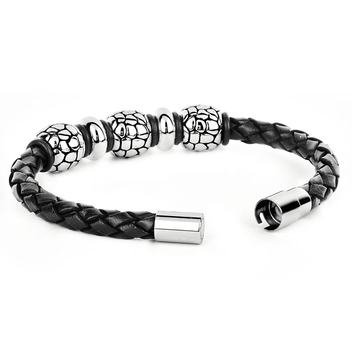 Braided Black Leather Bracelet with Steel Beads and Stainless Steel Clasp
