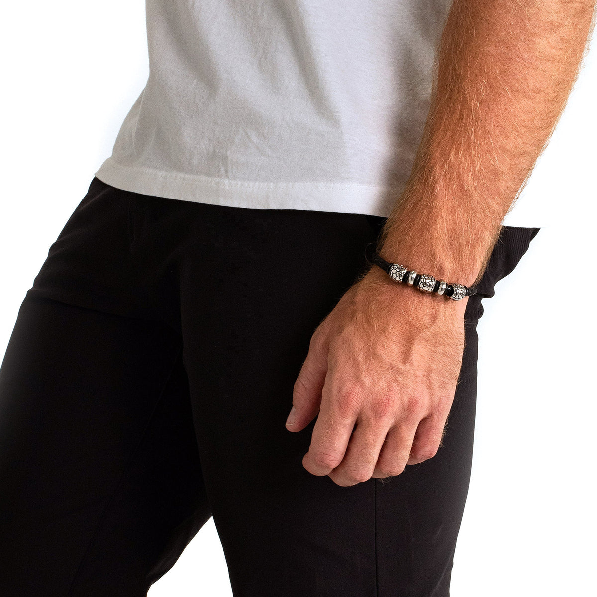 Braided Black Leather Bracelet with Steel Beads and Stainless Steel Clasp