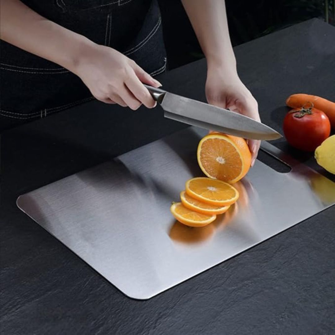 Titanium-Coated Cutting Board with Non-Porous Surface and Grip Base