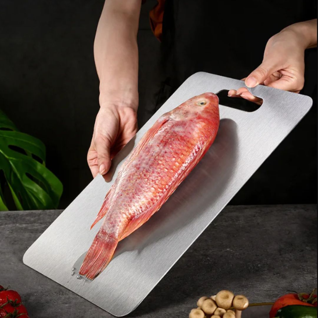 Titanium-Coated Cutting Board with Non-Porous Surface and Grip Base
