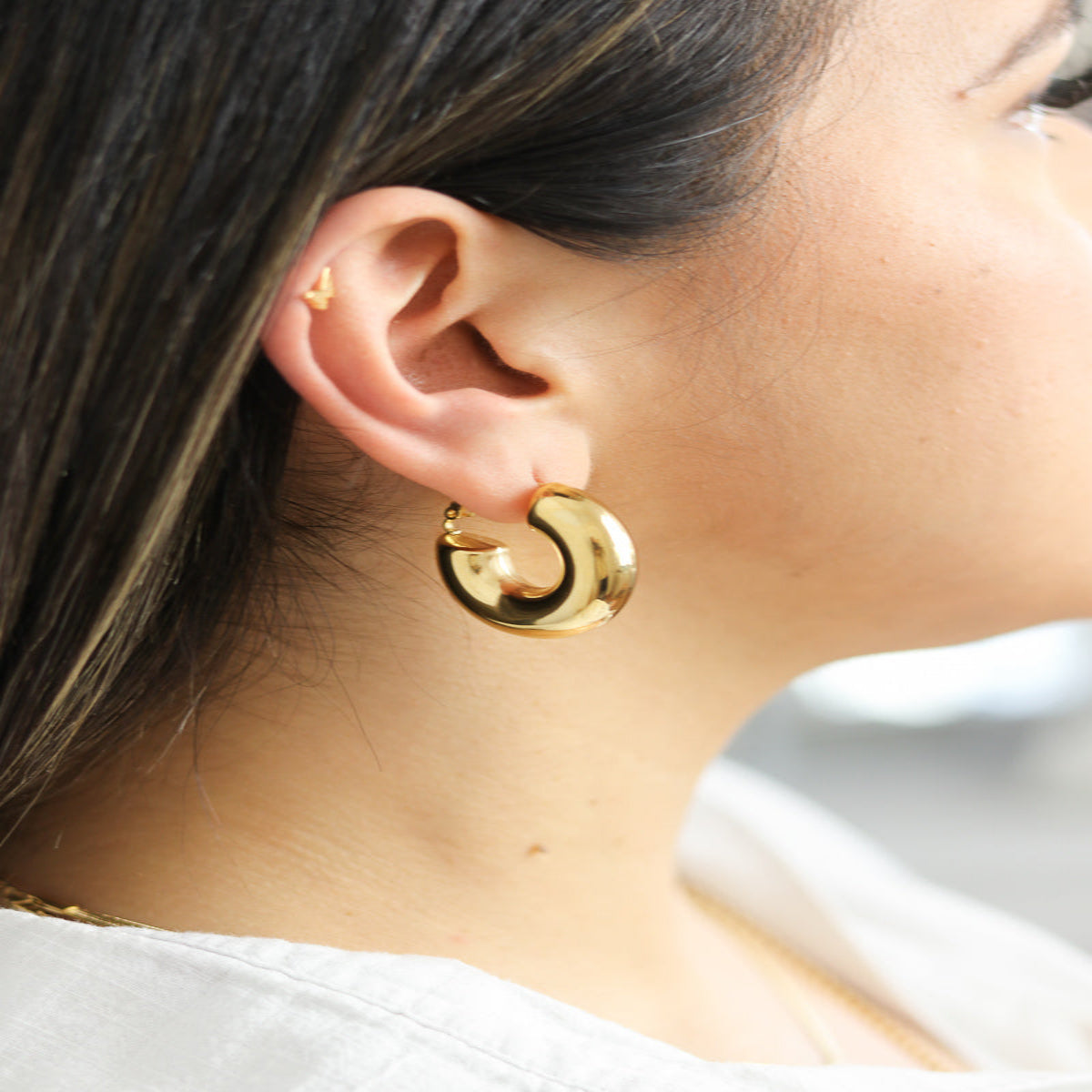 Chunky Gold Plated Hoop Earrings with Stainless Steel C-Shape