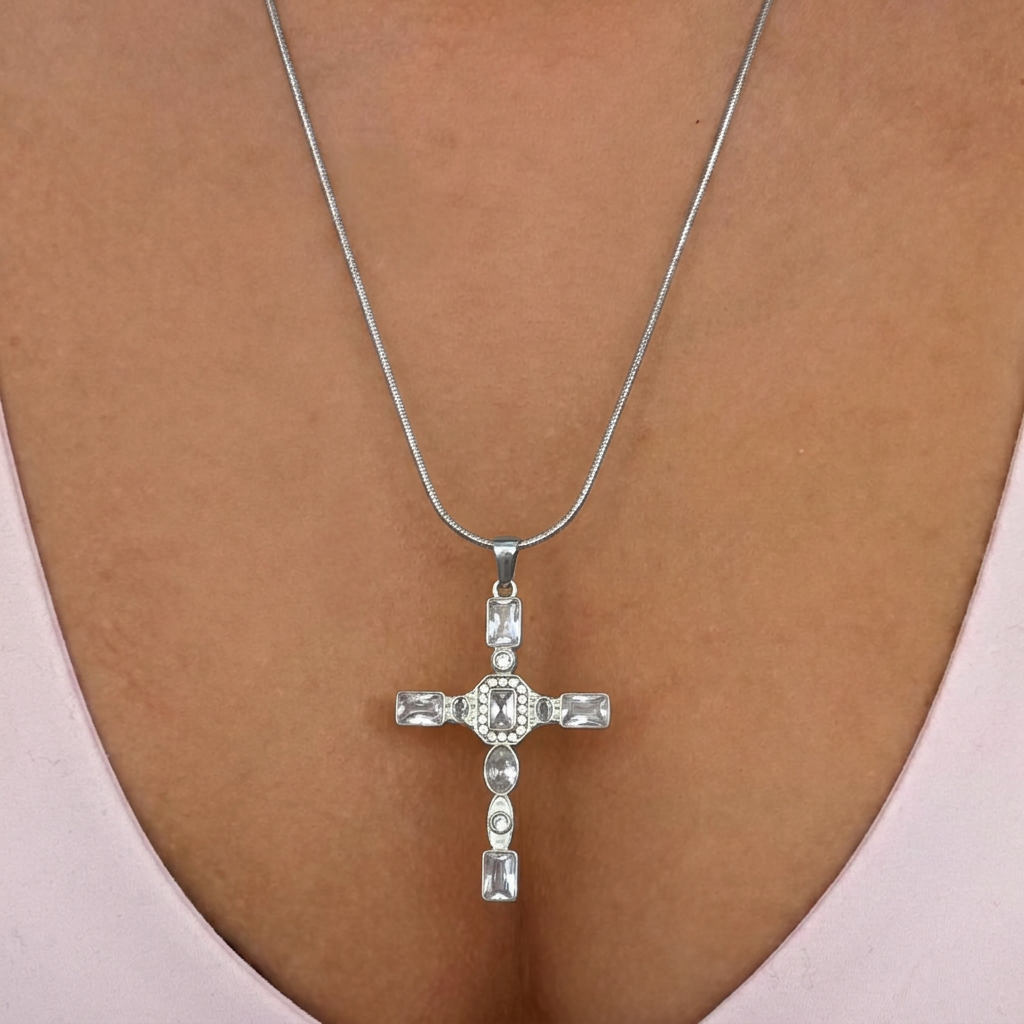 Crystal Cross Pendant Necklace with Reflective Design